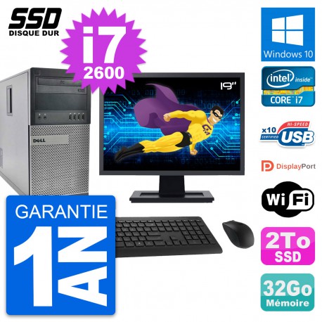 PC Tour Dell 990 Ecran 19" Intel Core i7-2600 RAM 32Go SSD 2To Windows 10 Wifi