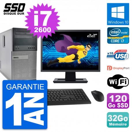 PC Tour Dell 990 Ecran 22" Intel Core i7-2600 RAM 32Go SSD 120Go Windows 10 Wifi