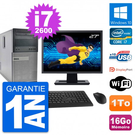 PC Tour Dell 990 Ecran 27" Intel i7-2600 RAM 16Go Disque Dur 1To Windows 10 Wifi
