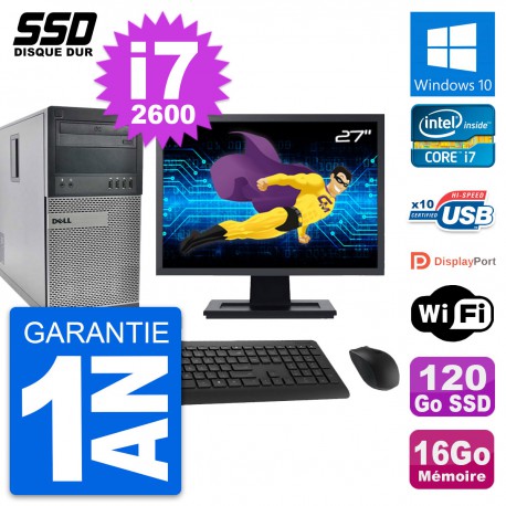 PC Tour Dell 990 Ecran 27" Intel Core i7-2600 RAM 16Go SSD 120Go Windows 10 Wifi