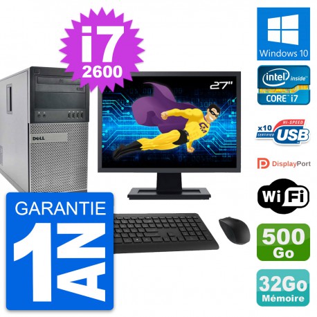 PC Tour Dell 990 Ecran 27" Intel i7-2600 RAM 32Go Disque 500Go Windows 10 Wifi