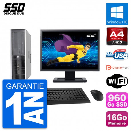 PC HP 6305 Pro SFF Ecran 22" AMD A4-5300B RAM 16Go SSD 960Go Windows 10 Wifi
