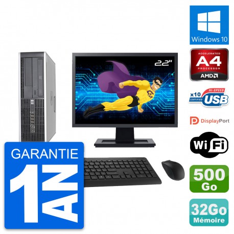 PC HP 6305 Pro SFF Ecran 22" AMD A4-5300B RAM 32Go Disque 500Go Windows 10 Wifi