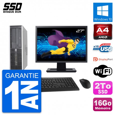 PC HP 6305 Pro SFF Ecran 27" AMD A4-5300B RAM 16Go SSD 2To Windows 10 Wifi