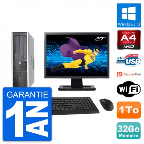 PC HP 6305 Pro SFF Ecran 27" AMD A4-5300B RAM 32Go Disque 1To Windows 10 Wifi
