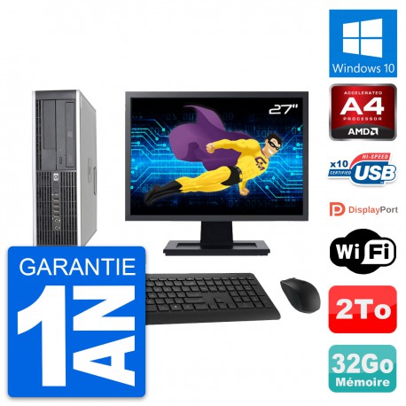 PC HP 6305 Pro SFF Ecran 27" AMD A4-5300B RAM 32Go Disque 2To Windows 10 Wifi