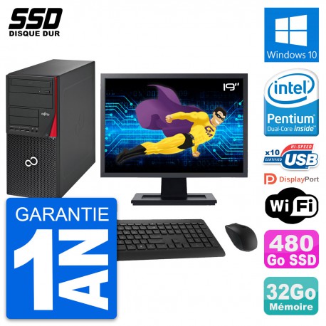 PC Tour Fujitsu P720 Ecran 19" Intel G3220 RAM 32Go SSD 480Go Windows 10 Wifi