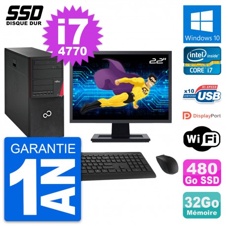 PC Tour Fujitsu P720 Ecran 22" Intel i7-4770 RAM 32Go SSD 480Go Windows 10 Wifi