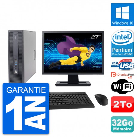 PC HP 600 G2 SFF Ecran 27" Intel G4400 RAM 32Go Disque Dur 2To Windows 10 Wifi