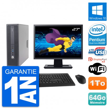 PC HP 600 G2 SFF Ecran 27" Intel G4400 RAM 64Go Disque Dur 1To Windows 10 Wifi