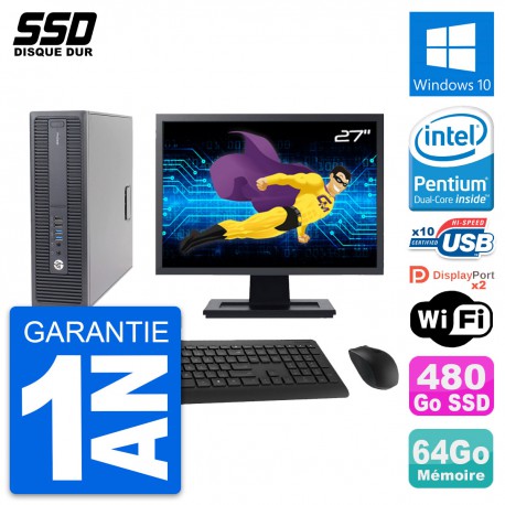 PC HP 600 G2 SFF Ecran 27" Intel G4400 RAM 64Go SSD 480Go Windows 10 Wifi
