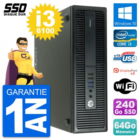 PC HP ProDesk 600 G2 SFF Intel Core i3-6100 RAM 64Go SSD 240Go Windows 10 Wifi