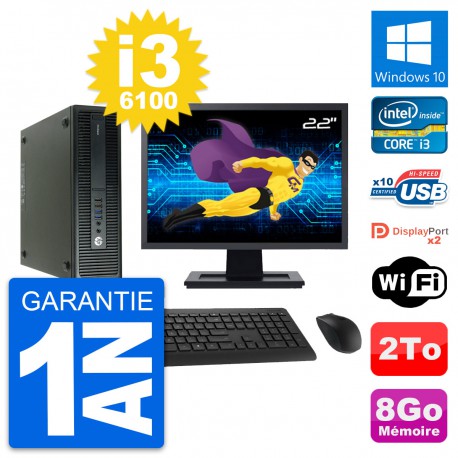 PC HP 600 G2 SFF Ecran 22" Intel Core i3-6100 RAM 8Go Disque 2To Windows 10 Wifi