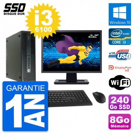 PC HP 600 G2 SFF Ecran 22" Intel Core i3-6100 RAM 8Go SSD 240Go Windows 10 Wifi