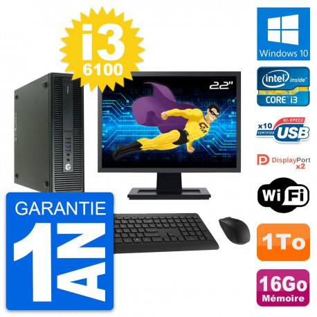 PC HP 600 G2 SFF Ecran 22" Intel i3-6100 RAM 16Go Disque Dur 1To Windows 10 Wifi