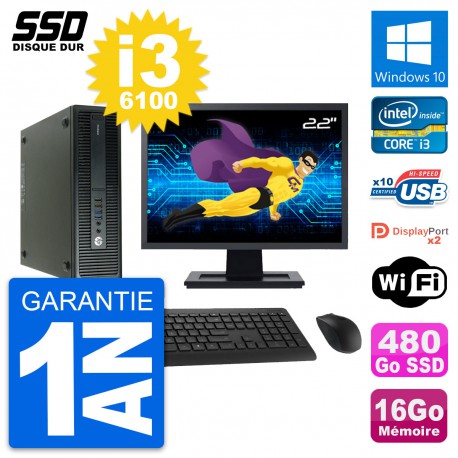 PC HP 600 G2 SFF Ecran 22" Intel Core i3-6100 RAM 16Go SSD 480Go Windows 10 Wifi