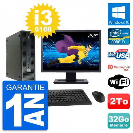 PC HP 600 G2 SFF Ecran 22" Intel i3-6100 RAM 32Go Disque Dur 2To Windows 10 Wifi