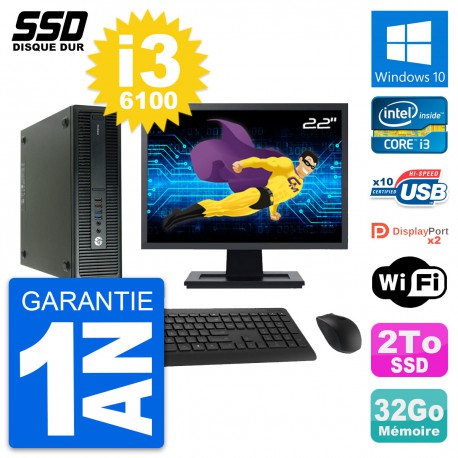 PC HP 600 G2 SFF Ecran 22" Intel Core i3-6100 RAM 32Go SSD 2To Windows 10 Wifi