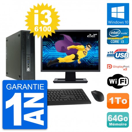 PC HP 600 G2 SFF Ecran 22" Intel i3-6100 RAM 64Go Disque Dur 1To Windows 10 Wifi