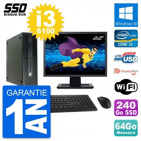 PC HP 600 G2 SFF Ecran 22" Intel Core i3-6100 RAM 64Go SSD 240Go Windows 10 Wifi