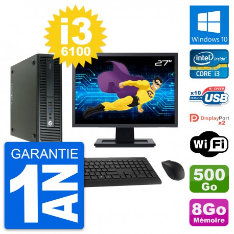 PC HP 600 G2 SFF Ecran 27" Intel i3-6100 RAM 8Go Disque 500Go Windows 10 Wifi