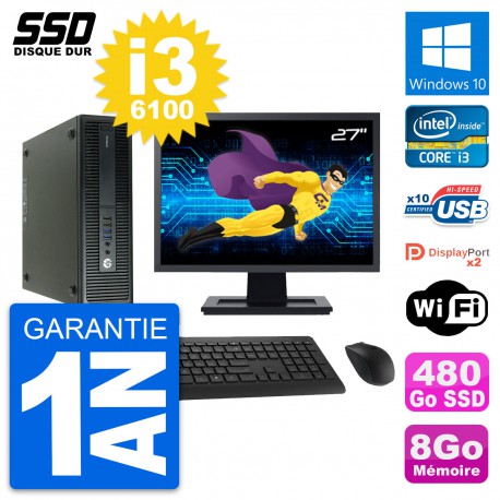 PC HP 600 G2 SFF Ecran 27" Intel Core i3-6100 RAM 8Go SSD 480Go Windows 10 Wifi