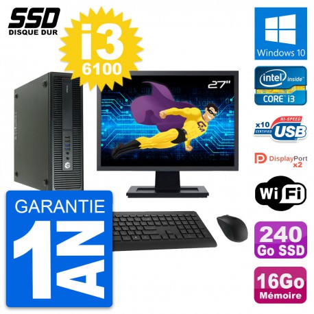 PC HP 600 G2 SFF Ecran 27" Intel Core i3-6100 RAM 16Go SSD 240Go Windows 10 Wifi