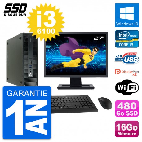 PC HP 600 G2 SFF Ecran 27" Intel Core i3-6100 RAM 16Go SSD 480Go Windows 10 Wifi