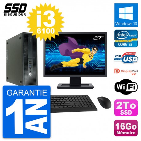 PC HP 600 G2 SFF Ecran 27" Intel Core i3-6100 RAM 16Go SSD 2To Windows 10 Wifi