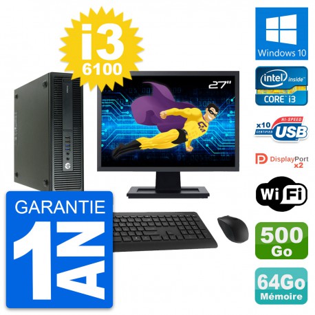 PC HP 600 G2 SFF Ecran 27" Intel i3-6100 RAM 64Go Disque 500Go Windows 10 Wifi