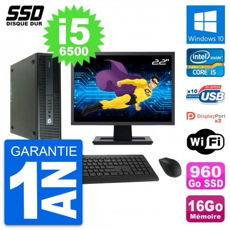 PC HP 600 G2 SFF Ecran 22" Intel Core i5-6500 RAM 16Go SSD 960Go Windows 10 Wifi
