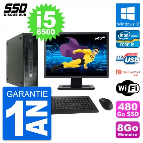 PC HP 600 G2 SFF Ecran 27" Intel Core i5-6500 RAM 8Go SSD 480Go Windows 10 Wifi