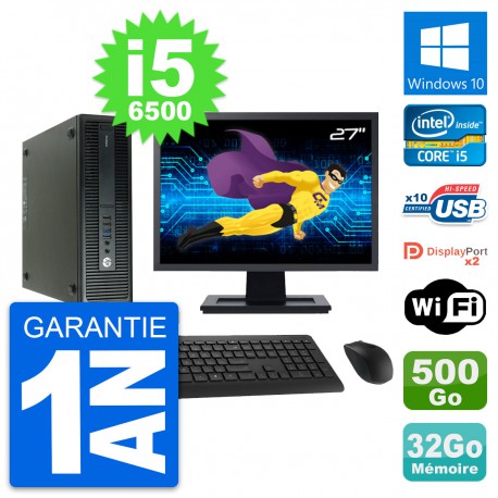 PC HP 600 G2 SFF Ecran 27" Intel i5-6500 RAM 32Go Disque 500Go Windows 10 Wifi