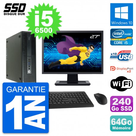 PC HP 600 G2 SFF Ecran 27" Intel Core i5-6500 RAM 64Go SSD 240Go Windows 10 Wifi