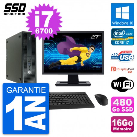 PC HP 600 G2 SFF Ecran 27" Intel Core i7-6700 RAM 16Go SSD 480Go Windows 10 Wifi