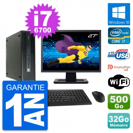 PC HP 600 G2 SFF Ecran 27" Intel i7-6700 RAM 32Go Disque 500Go Windows 10 Wifi