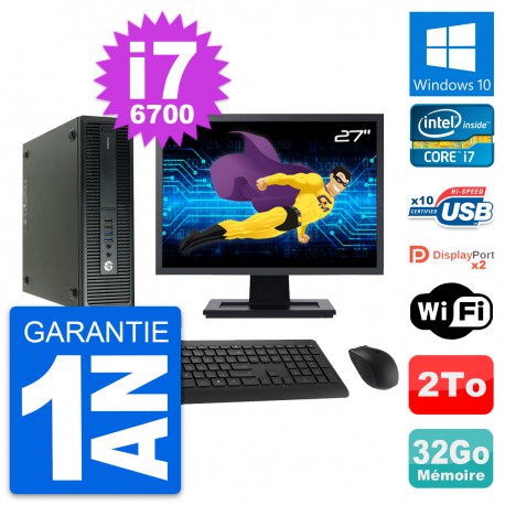PC HP 600 G2 SFF Ecran 27" Intel i7-6700 RAM 32Go Disque Dur 2To Windows 10 Wifi