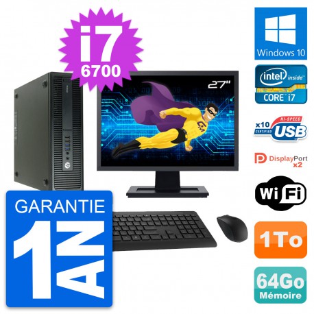 PC HP 600 G2 SFF Ecran 27" Intel i7-6700 RAM 64Go Disque Dur 1To Windows 10 Wifi