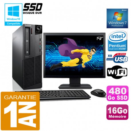 PC Lenovo M92p SFF Intel G630 Ram 16Go Disque 480 Go SSD Wifi W7 Ecran 19"