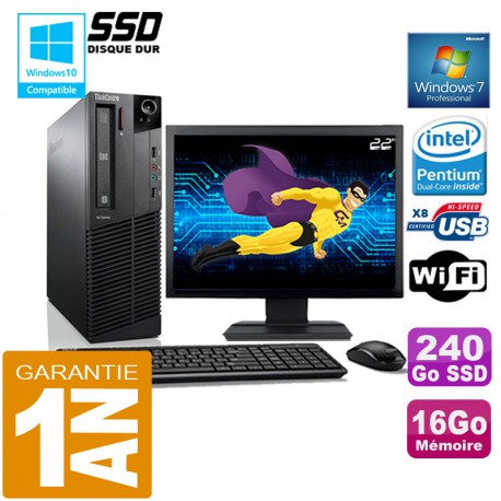 PC Lenovo M92p SFF Intel G630 Ram 16Go Disque 240 Go SSD Wifi W7 Ecran 22"