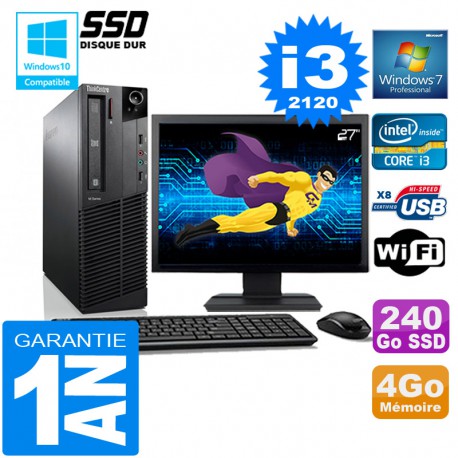 PC Lenovo M92p SFF Core I3-2120 Ram 4Go Disque 240 Go SSD Wifi W7 Ecran 27"