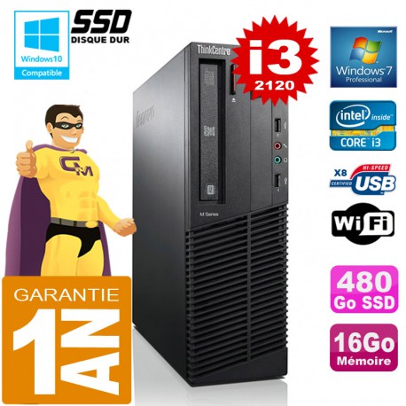 PC Lenovo M92p SFF Core I3-2120 Ram 16Go Disque 480 Go SSD Graveur DVD Wifi W7