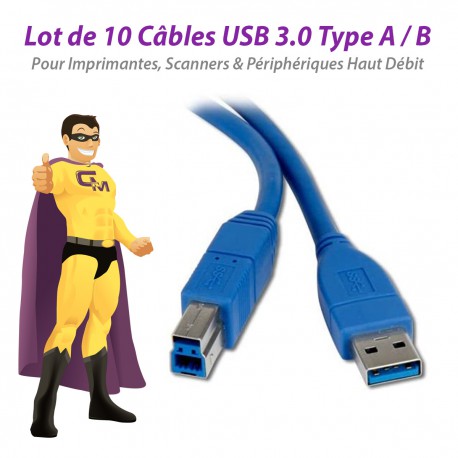Lot x10 Câbles USB 3.0 Type A -B Mâle Imprimante Scanner Haut Débit 80cm NEUFS