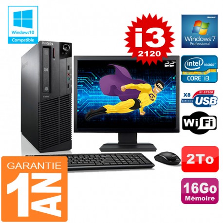 PC Lenovo M92p SFF Core I3-2120 Ram 16Go Disque 2 To Wifi W7 Ecran 22"