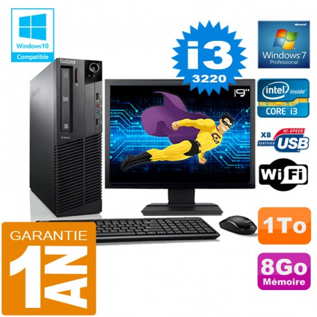 PC Lenovo M92p SFF Core I3-3220 Ram 8Go Disque 1 To Wifi W7 Ecran 19"