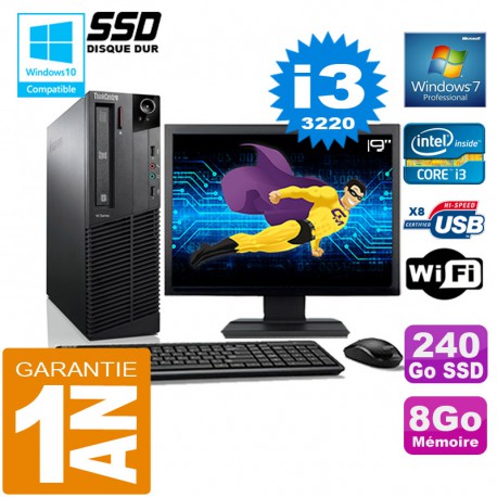 PC Lenovo M92p SFF Core I3-3220 Ram 8Go Disque 240 Go SSD Wifi W7 Ecran 19"
