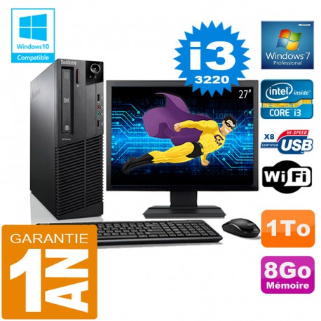PC Lenovo M92p SFF Core I3-3220 Ram 8Go Disque 1 To Wifi W7 Ecran 27"