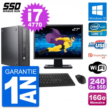 PC HP 600 G1 SFF Ecran 27" Intel Core i7-4770 RAM 16Go SSD 240Go Windows 10 Wifi