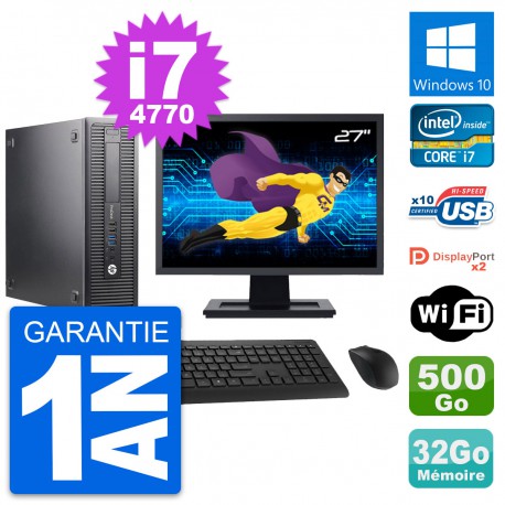 PC HP 600 G1 SFF Ecran 27" Intel i7-4770 RAM 32Go Disque 500Go Windows 10 Wifi