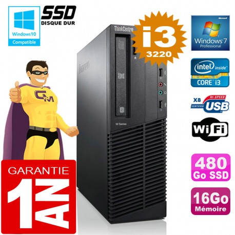 PC Lenovo M92p SFF Core I3-3220 Ram 16Go Disque 480 Go SSD Graveur DVD Wifi W7